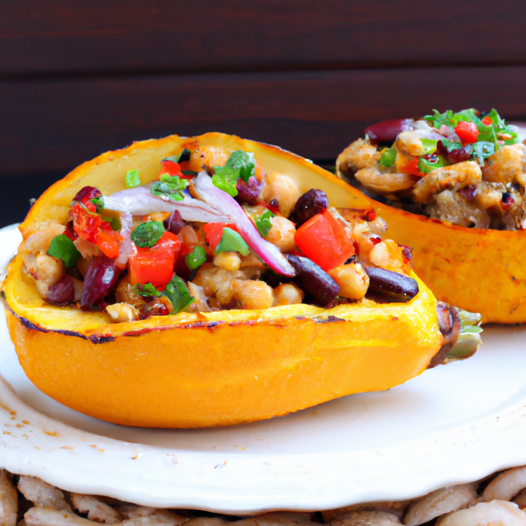 Kidney Bean, Root Vegetable and Barley Chili Stuffed Acorn Squash Representation of a cookedKidney Bean, Root Vegetable and Barley Chili Stuffed Acorn Squash