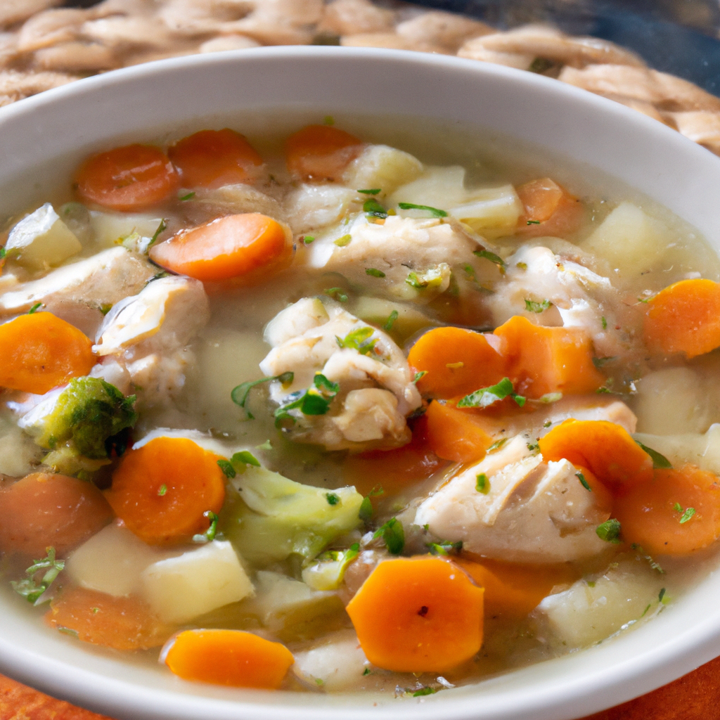 Tasty Chicken and Vegetable Bow Tie Soup Representation of a cookedTasty Chicken and Vegetable Bow Tie Soup